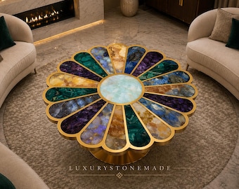 Handcrafted Daisy Agate Center Table Mid Century Modern Gemstone Art Luxury Furniture Piece