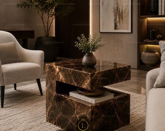 Brown Onyx Side Table Luxury Marble Nightstand Handmade Stone Accent Furniture Decor