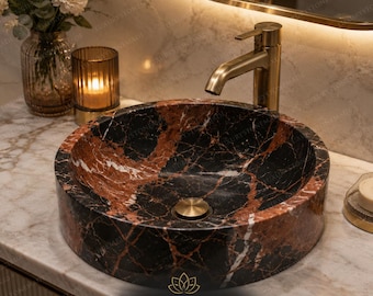 Nero Portoro Marble Round Vessel Sink: Handmade Luxury Bathroom Basin with Gold Veining