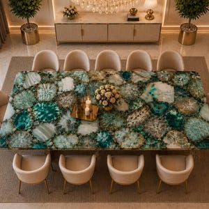 May include: A large rectangular dining table with a unique agate stone top in shades of green, teal, and white. The table is surrounded by ten beige upholstered chairs with gold legs. A floral arrangement and candles adorn the table's center.
