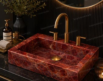 Rosso Levanto Stone Vessel Sink: Handcrafted Rectangular Bathroom Vanity Basin