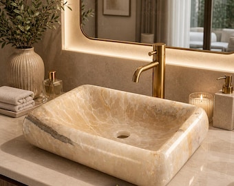 Weißer Onyx Rechteckiges Gefäß Waschbecken Naturstein Badezimmer Becken Luxus Handgemachtes Eitelkeitsdekor