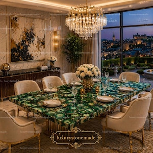 Handmade Green Agate Dining Table Top Rectangular Gemstone Boho Luxury Home Decor