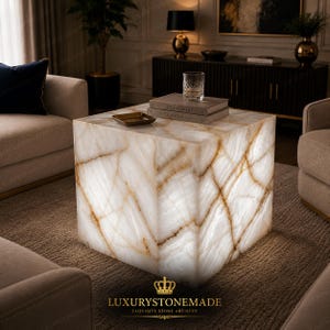 Luxury Backlit White Onyx Side Table Illuminated Crystal Nightstand Modern Stone Furniture Decor