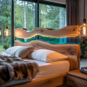 Könnte beinhalten: Holzbettrahmen mit einem Kopfteil mit einzigartigem Design. Das Kopfteil enthält einen Abschnitt aus blauem und grünem Harz, wodurch ein flussartiger Effekt entsteht. Das Bett ist aus Naturholz gefertigt und hat eine moderne Ästhetik.