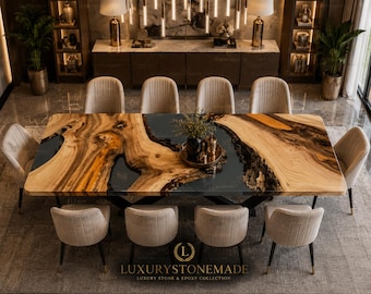 Tavolino rettangolare in noce con bordo naturale e resina epossidica, realizzato a mano, design di lusso River Furniture Design.