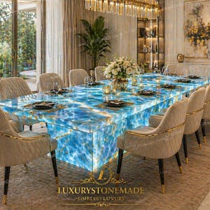 Mesa de comedor de losa de ónix azul retroiluminada – Muebles modernos de lujo en piedra natural