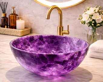 Luxury Amethyst Crystal Vessel Sink Purple Quartz Bathroom Basin Handmade Designer Vanity Decor