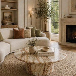 Könnte beinhalten: Ein Wohnzimmer mit einem cremefarbenen, geschwungenen Sofa, das mit braunen und grünen Kissen akzentuiert ist. Ein runder Marmor-Couchtisch mit Büchern und einer Vase steht auf einem gewebten Teppich. Ein Kamin und ein großes Fenster sind ebenfalls zu sehen.