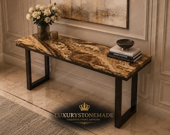Handmade Brown Onyx Console Table Luxury Crystal Pattern Stone Statement Furniture Decor Design