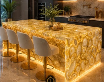 Encimera de isla de cocina de ágata amarilla, elegante barra de piedra semipreciosa retroiluminada con diseño impactante.