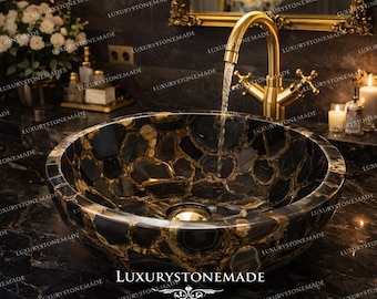 Schwarzer Achat Schiff Waschbecken Luxus Edelstein Badezimmer Becken Handgemachtes Stein Waschbecken