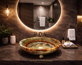 Luxury Green Onyx Vessel Sink Hand Carved Stone Bathroom Basin Designer Vanity Decor