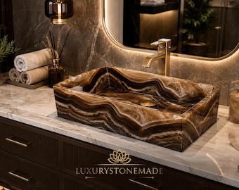 Lavabo de cuarzo marrón hecho a mano: Lavabo de baño de lujo de piedra natural