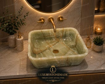 Lavabo rettangolare in onice verde, in pietra naturale scolpita a mano, lussuoso lavabo da bagno