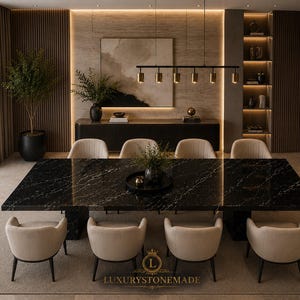 May include: A large rectangular dining table with a polished black marble top featuring white veining, supported by two thick black pedestals. Eight beige upholstered chairs with dark legs are arranged around the table on a light rug.