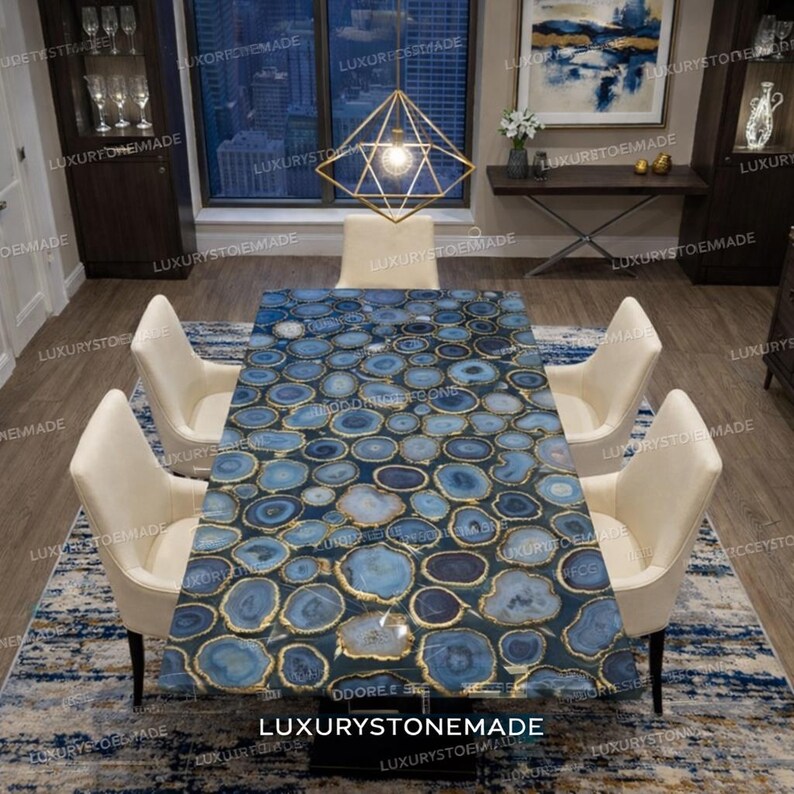 Luxury gemstone dining table top made from natural blue agate slices assembled into polished slab surface featuring vibrant mineral banding and crystal textures perfect for modern dining rooms and upscale residential homes across the USA. Blue agate gemstone furniture centerpiece adds dramatic elegance to designer dining interiors.