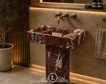 Lavabo de mármol Rosso Levanto, pedestal de piedra roja, lavabo de lujo para baño.