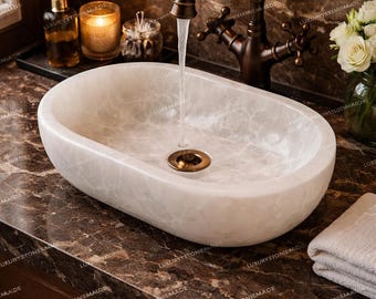 Weißer Quarz Gefäß Waschbecken Oval Hand geschnitzt Luxus Spa Badezimmer Edelstein Becken