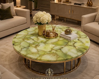 Green Yellow Agate Round Coffee Table Top Luxury Crystal Inlay Furniture Decor Design
