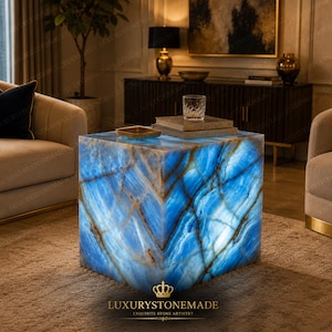 Luxury Backlit Blue Onyx Side Table Illuminated Crystal Nightstand Modern Stone Furniture Decor
