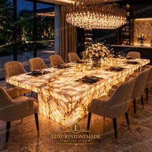 Mesa de comedor de lujo de ónix blanco con retroiluminación, losa de piedra natural, muebles modernos hechos a mano de primera calidad.