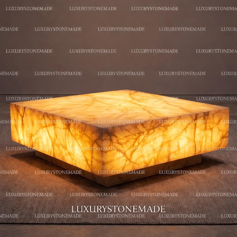 Illuminated white onyx coffee table crafted from exotic natural gemstone slab showcasing polished translucent stone surface and dramatic LED backlighting designed for modern luxury living rooms and upscale residential interiors across the USA. Natural onyx mineral patterns glow beautifully forming elegant statement centerpiece.