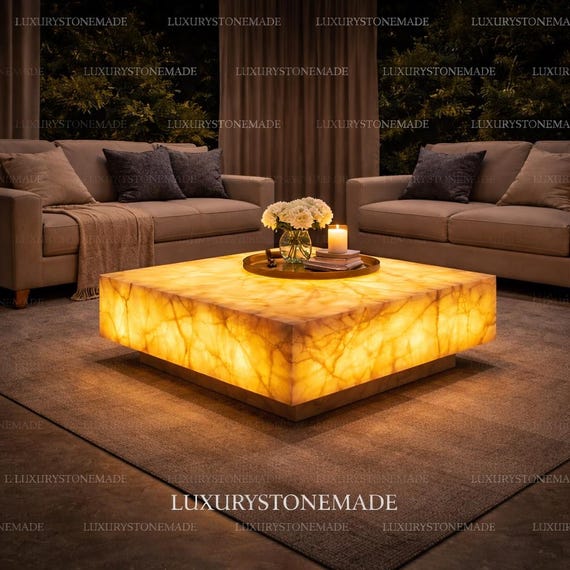 Backlit White Onyx Coffee Table Glowing Natural Stone Luxury Centerpiece Furniture