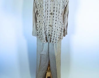 Conjunto vintage de los años 80 de Yak Magik estilo bohemio con pedrería: chaqueta, camiseta sin mangas y pantalones / Conjunto de algodón color avena