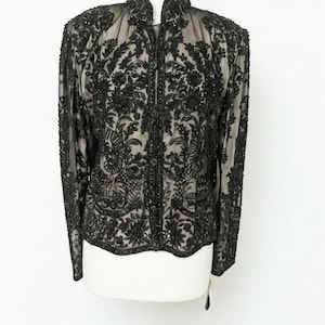 Vintage Adrianna Papell Beaded Silk Evening Jacket XL | Black Sequin Sheer Formal Top bild 2