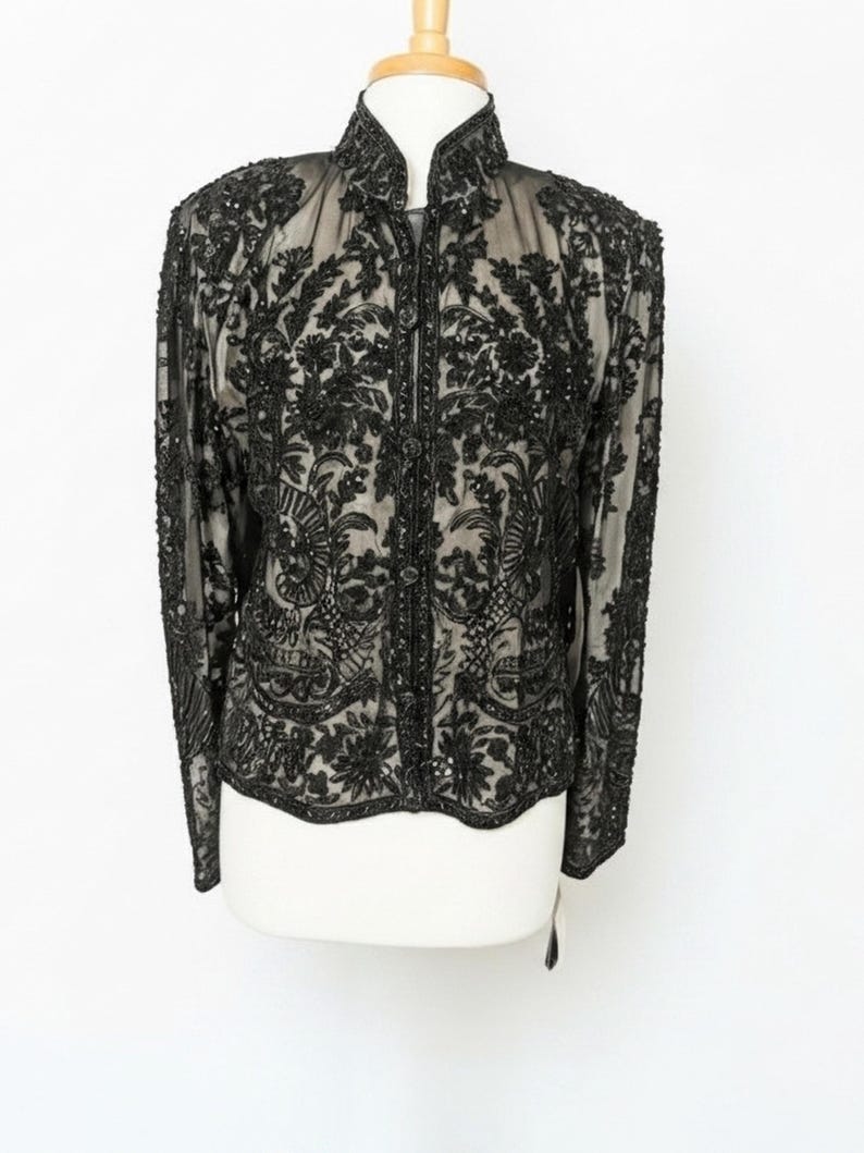 Vintage Adrianna Papell Beaded Silk Evening Jacket XL | Black Sequin Sheer Formal Top bild 2