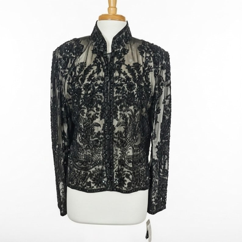 Vintage Adrianna Papell Beaded Silk Evening Jacket XL | Black Sequin Sheer Formal Top bild 1