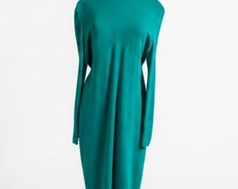 Vestido midi de punto vintage St. John Santana / Prenda de punto de lujo con cuello alto en verde esmeralda