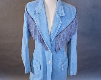 Vintage 80s David David Denim Fringe Blazer, Rhinestone Beaded Western Glam Jacket (Size Small)