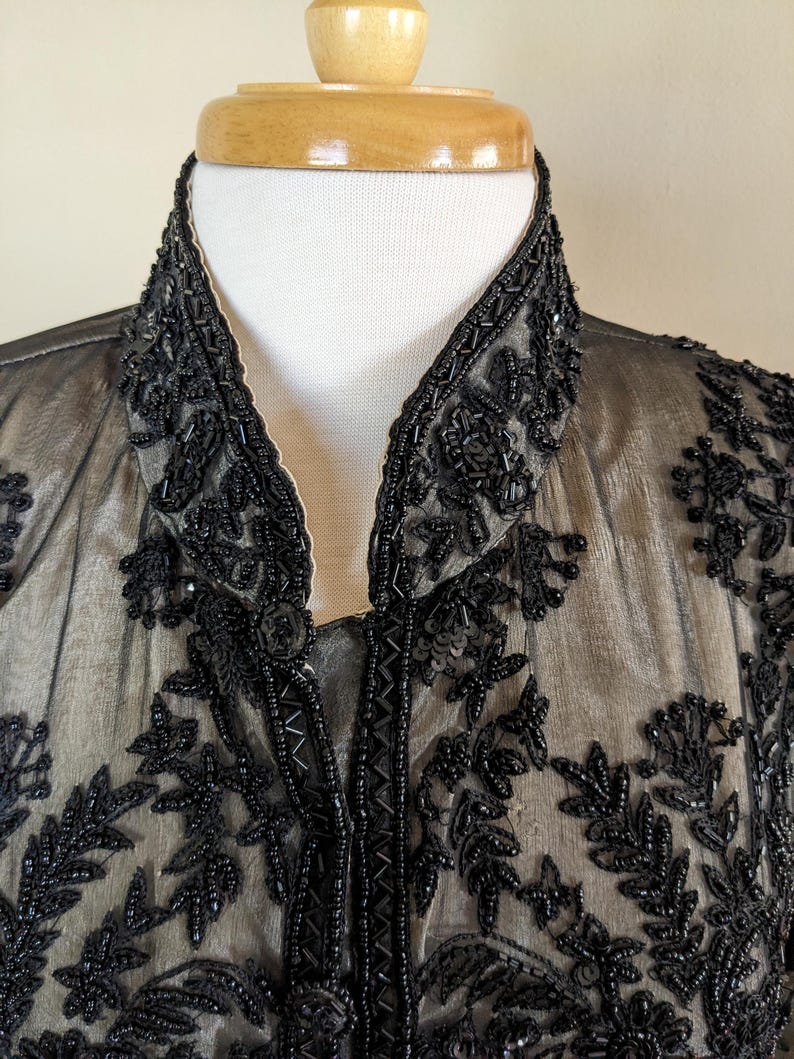 Vintage Adrianna Papell Beaded Silk Evening Jacket XL | Black Sequin Sheer Formal Top bild 3