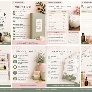 May include: A digital formulation binder by Julie's Botanicals, featuring 100+ pages for soap, skincare, body care, cleaning, and laundry recipes. The binder includes systems, trackers, and logs, with a focus on creating beautiful products. The design is in soft pink and green.
