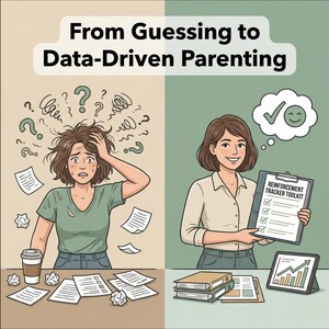 May include: An illustration showing the contrast between chaotic and organized parenting. The left side depicts a stressed person surrounded by papers and question marks. The right side shows a smiling person holding a "Reinforcement Tracker Toolkit" with a check mark.