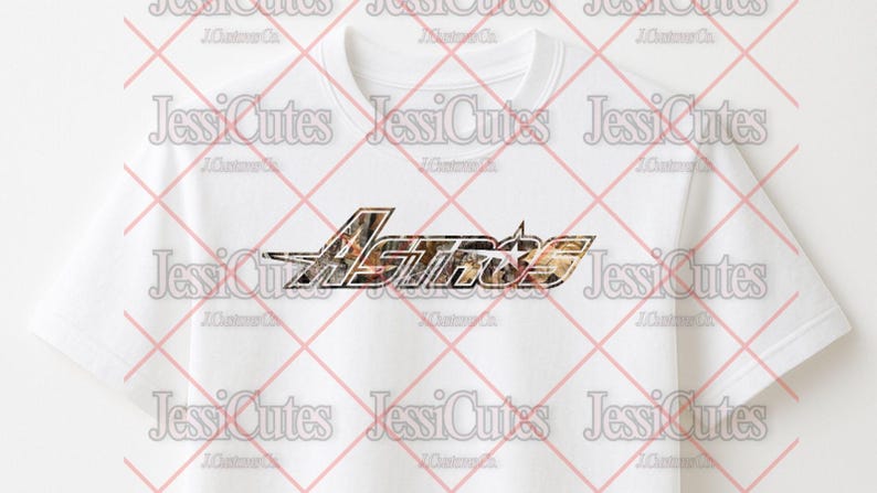 May include: White t-shirt featuring the word "Astros" in a stylized design with a camouflage pattern. The shirt has short sleeves and a crew neck.