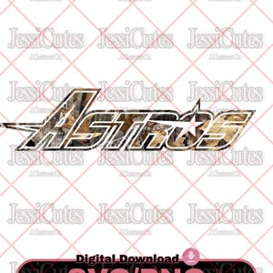May include: Digital download graphic featuring the word "ASTROS" in a camouflage pattern with a white outline and a star. The design is set against a white background with a pink diamond grid pattern. The text "SVG/PNG" is also included.