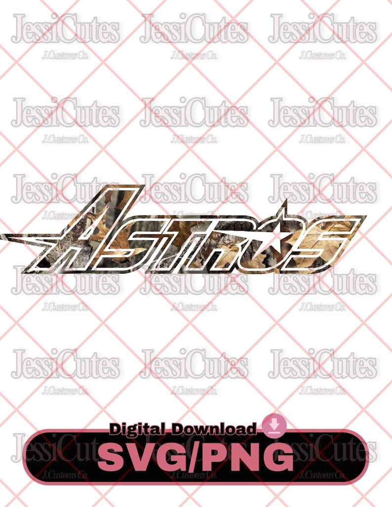 May include: Digital download graphic featuring the word "ASTROS" in a camouflage pattern with a white outline and a star. The design is set against a white background with a pink diamond grid pattern. The text "SVG/PNG" is also included.