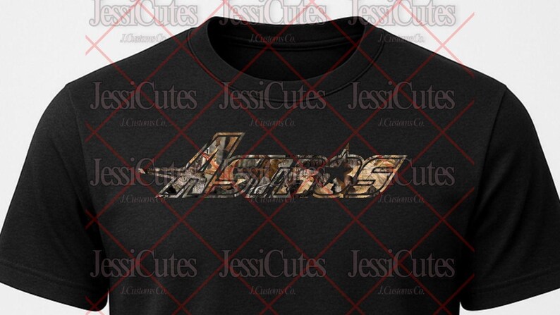 May include: Black crew neck t-shirt with the word "Armos" in a camouflage design across the chest. The text has a star and wing design. The shirt is made of a soft material.