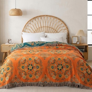 Manta reversible de gasa de algodón con estampado floral de mandala, edredón decorativo naranja y verde azulado, edredón suave tipo toalla para cama o funda de sofá, gasa multicapa acogedora.