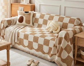 Narzuta na sofę w kratkę, ochraniacz na kanapę chroniący przed zarysowaniami kota, nowoczesny pokrowiec na pled, pokrowiec przeciwkurzowy, minimalistyczny wystrój salonu
