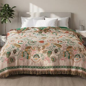 Boho Mandala Cotton Gauze Throw Blanket Reversible Tassel Quilt, Abstract Leaves Bedspread Sofa Slipcover Lightweight Cozy Cover