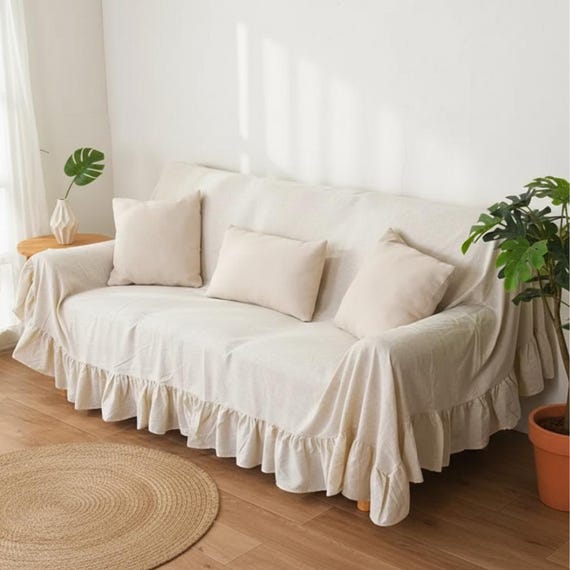 Luxury Nordic Cotton Sofa Slipcover with Ruffled Edge, Elegant Couch Cover Blanket Protective Furniture Dust Cover Slipcover w/ Ruffle Skirt