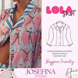 Pajama Shirt Sewing Pattern PDF | Button Up Notch Collar Top | Plus Size 38-60 | Easy Beginner Digital Download | Lola Shirt