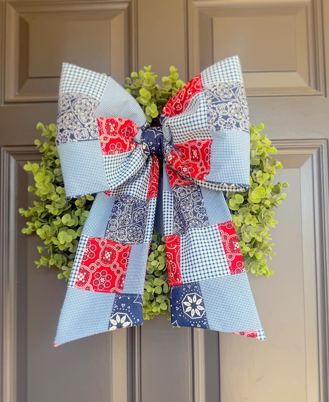 Blue and Yellow Patchwork Large Wreath Quilted Fabric Bow - Memorial ...