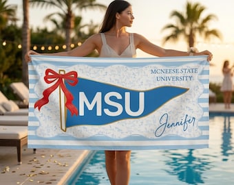 Personalized School Spirit Beach Towel: Coquette College Pennant Flag Towel, Grandmillennial Striped Towel, Sorority Girls Graduation Gift