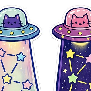 May include: Two stickers featuring cartoon cats in UFOs. One has a purple cat in a blue UFO with a pastel rainbow beam and star constellations. The other has a pink cat in a purple UFO with a starry night beam and star constellations.