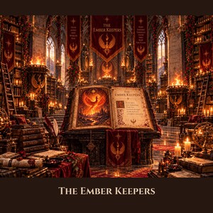 May include: An open book titled The Ember Keepers rests on a stone pedestal in a grand library. The left page displays a vibrant phoenix illustration, while the right page contains text. Red banners with phoenix emblems hang in the background.
